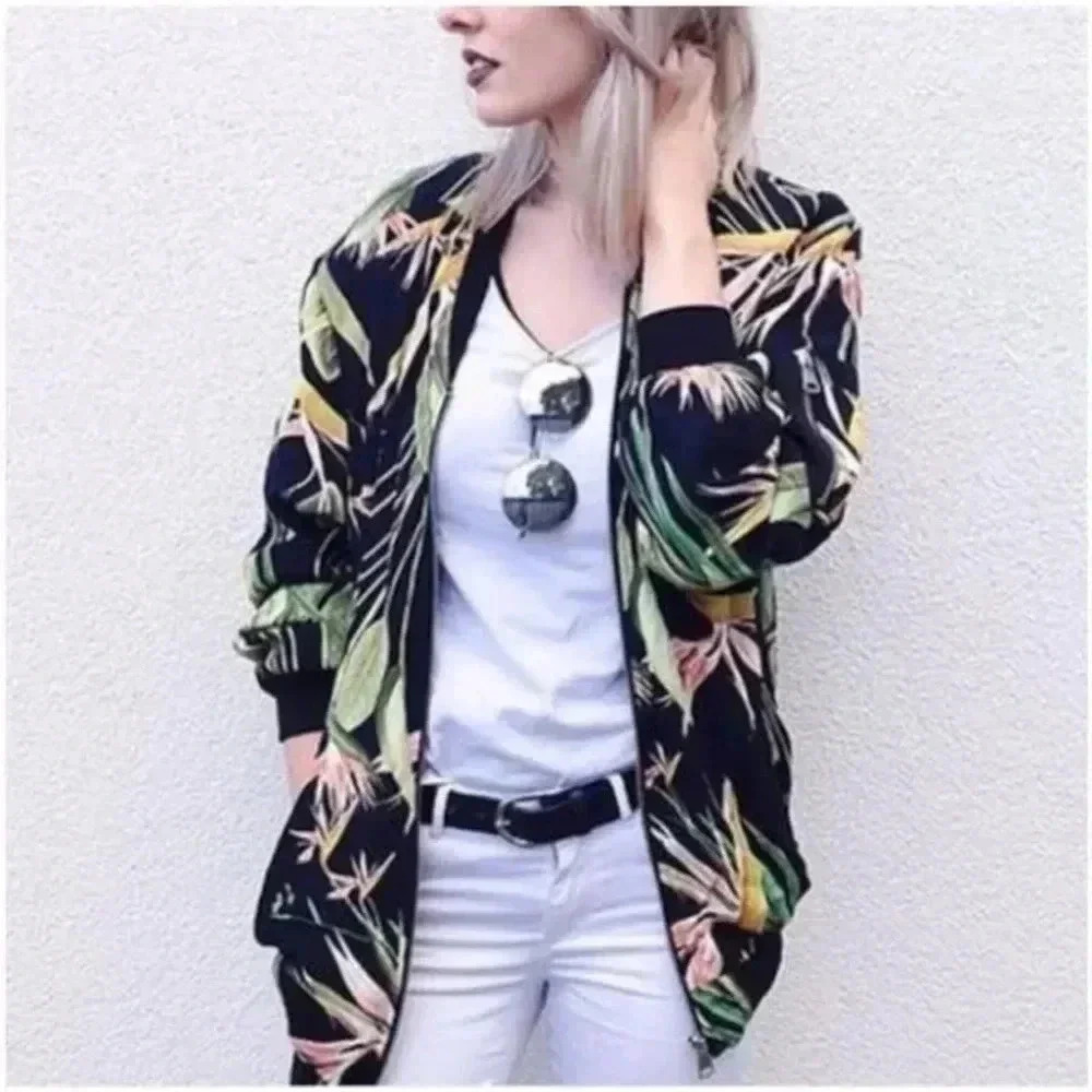 ZARA Birds of Paradise Bomber Jacket Tropical Black Size XS